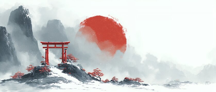 japanese torii gate watercolor painting red sun mountain mist asian landscape traditional oriental artwork