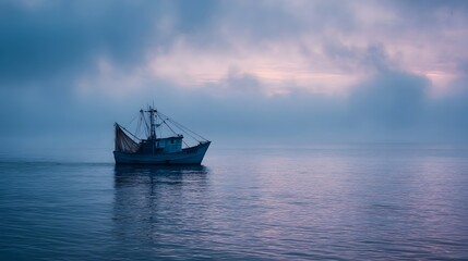 Obraz premium A lone fishing boat sails through a dense mist on a calm sea during dawn creating a serene and atmospheric seascape