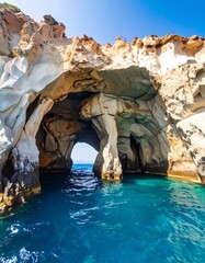 Stunning sea cave, vibrant colors, rocky formations