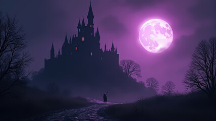 Mysterious castle in moonlight with witch silhouette in purple sky. Halloween.
