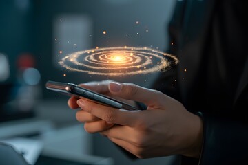 Person holding phone displaying galaxy symbolizing innovation technology and future connection