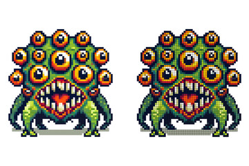 A vibrant, pixelated monster features numerous large eyes and sharp teeth, showcasing a unique design. This creature stands out with green and yellow colors, perfect for a fantasy game setting
