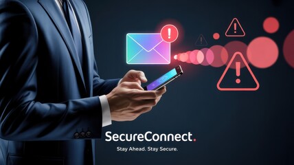 Digital Alert: a professional holds a smartphone, an email icon with an exclamation mark overlayed, signifying a potential threat or important notification in the realm of secure communication.