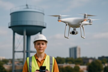 White drone inspecting water tower infrastructure, female operator blurred in foreground