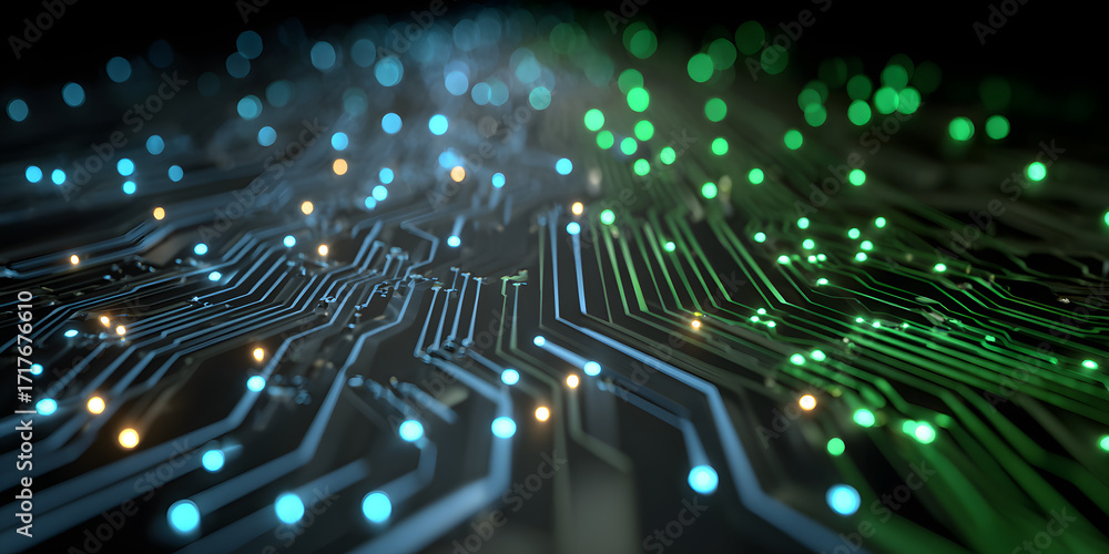 Poster glowing futuristic circuit board backdrop in blue and green with copy space for digital technology t