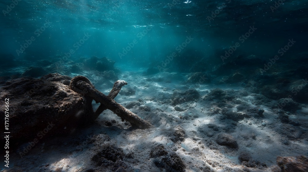 Aufkleber an ancient rusty anchor rests on the sandy seabed illuminated by ethereal sunbeams filtering through
