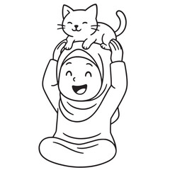 A black and white cartoon of a happy girl in a hijab sitting on the floor with a cat on her head, perfect for a coloring page.