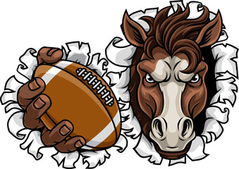 Horse mustang bronco stallion American football angry sports team mascot holding a ball.