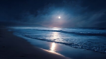 Obraz premium A tranquil ocean beach at night with a luminous full moon casting a shimmering reflection across the gentle waves and dark shoreline