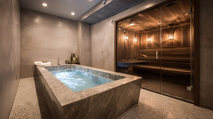Spa setting cold plunge tub beside sauna wellness design