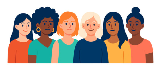 A group of women are smiling and standing together. Concept of unity and positivity among the women. Vector.