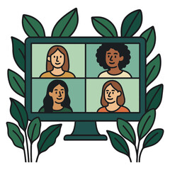 Four women are shown on a computer screen. The women are smiling and appear to be friends. Vector.