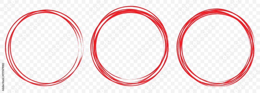 Poster Red Sketchy Round Border Set – Hand Drawn Marker Circle Collection on Transparent Background. EPS 10.Vector circular scribble doodle round circles for message note mark design element. 