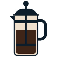 A coffee press with a brown liquid in it. The coffee press is black and white. Vector.