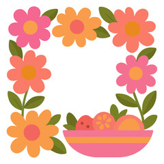 A pink and orange flower arrangement with a bowl of fruit in the center. The flowers are arranged in a circle around the bowl. Vector.