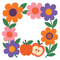 A colorful flower arrangement with an apple and a slice of apple in the middle. The flowers are arranged in a square frame, with the apple. Vector.