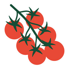 A cartoon drawing of a tomato plant with five tomatoes on a stem. The drawing is bright and colorful, with a happy and playful mood. Vector.
