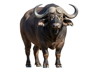 Obraz premium A powerfully built African buffalo stands boldly against a black background, showcasing its impressive horns and muscled physique.