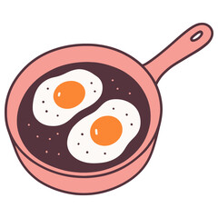 A cartoon drawing of two eggs in a pan. The eggs are orange and white and are sitting in a pan with a handle. Vector.