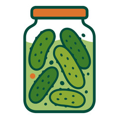 A jar of pickles with a green lid. The pickles are green and have a lot of small black dots on them. Vector.