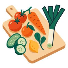 A wooden cutting board with a variety of vegetables including carrots, tomatoes, and cucumbers. The vegetables are arranged in a colorful. Vector.