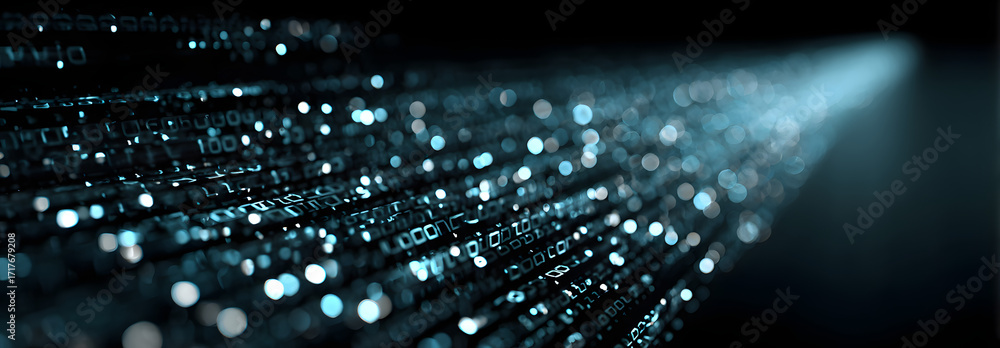 Poster image of a single line of blue code running across a dark background, representing encrypted data