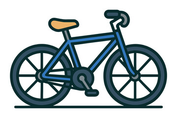 A blue bicycle with a yellow seat and a black handlebar. The bike is parked on the side of the road. Vector.