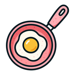A cartoonish drawing of a pink pan with a cartoon egg in it. The egg is sitting on top of the pan. Vector.