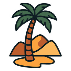 A palm tree is standing on a sandy beach with a mountain in the background. The image has a tropical and relaxing vibe. Vector.