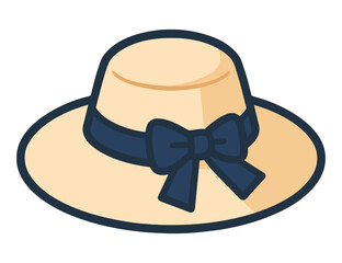 A hat with a blue ribbon on it. The hat is white and has a bow on it. Vector.