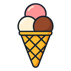 A cartoon ice cream cone with three different flavors of ice cream. The cone is yellow and has a yellow handle. Vector.