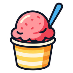 A cartoon image of a cup of ice cream with a blue spoon in it. The ice cream is pink and he is melting. Vector.