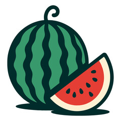 A watermelon is shown with a slice missing. The watermelon is green and red in color. Vector.