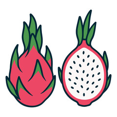 Two pieces of a red fruit with green leaves. The fruit is cut in half. Vector.