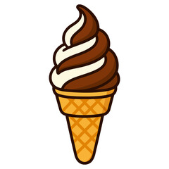 A cartoon ice cream cone with a delicious swirl of brown and white ice cream. The cone is made of waffle ice cream and has a brown. Vector.