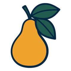 A cartoon drawing of a pear with a leaf on top. The pear is orange and the leaf is green. Vector.