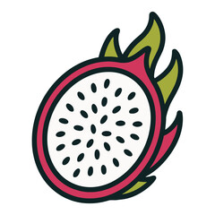 A drawing of a dragon fruit with a green stem and red and green leaves. The fruit is surrounded by a circle of black dots. Vector.