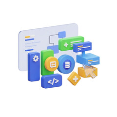 Fototapeta premium 3d isometric digital technology elements representing software development and data management isolated on transparent background