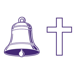Stylized illustration of church bell and simple christian cross against a white background