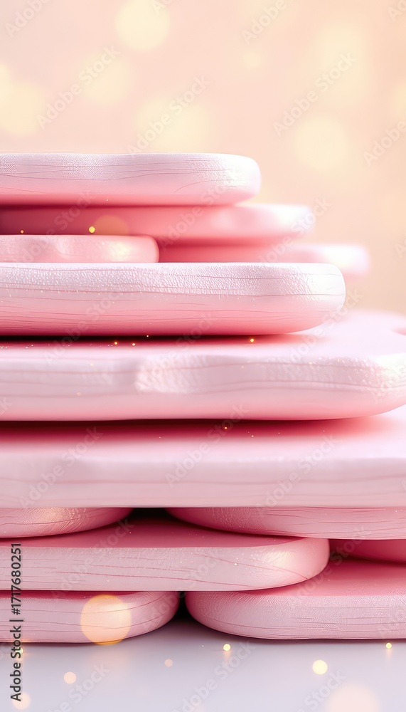 Poster stacked pastel pink platforms for product display or abstract background, delicate bokeh lights addi