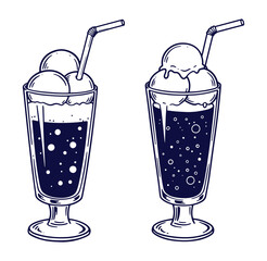 Two illustrated ice cream soda drinks in tall glasses with straws isolated