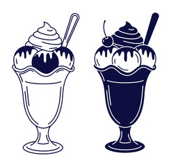 Two stylized ice cream sundaes with whipped cream cherries and spoon in matching color schemes