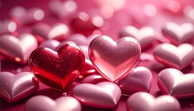 Glossy red and pink hearts clustered on soft pink surface, shiny reflections, romantic and affectionate mood, symbolizing love and Valentine&rsquo;s celebration.