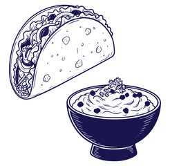 Vector illustration of a hand drawn taco alongside a bowl of guacamole