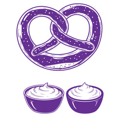 Vector illustration of a pretzel and two bowls of creamy dip with a stylish outline design