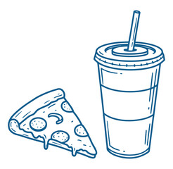 Vector illustration of pizza slice and soda cup in a simplified outlined line art style
