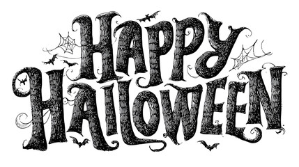 Hand-drawn "Happy Halloween" lettering in spooky style, decorative typography, isolated on transparent background 