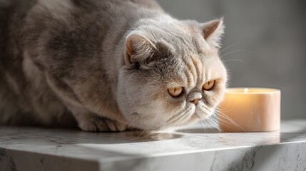 Calm Glow Moment: Curious British Shorthair Cat Gazing at a Minimalist Scented Candle on Marble Table

