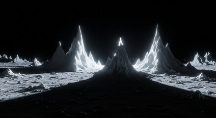 Mystical spires of a surreal alien world.
This evocative image presents a surreal and mysterious alien landscape. In the foreground, a dark, cratered surface stretches towards a cluster of sharp
