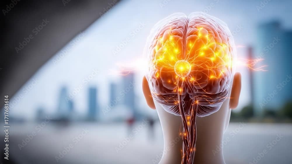 Aufkleber Brain's Neural Pathways: A captivating image revealing the intricate network of the brain's neural pathways, seen from behind with the urban backdrop.